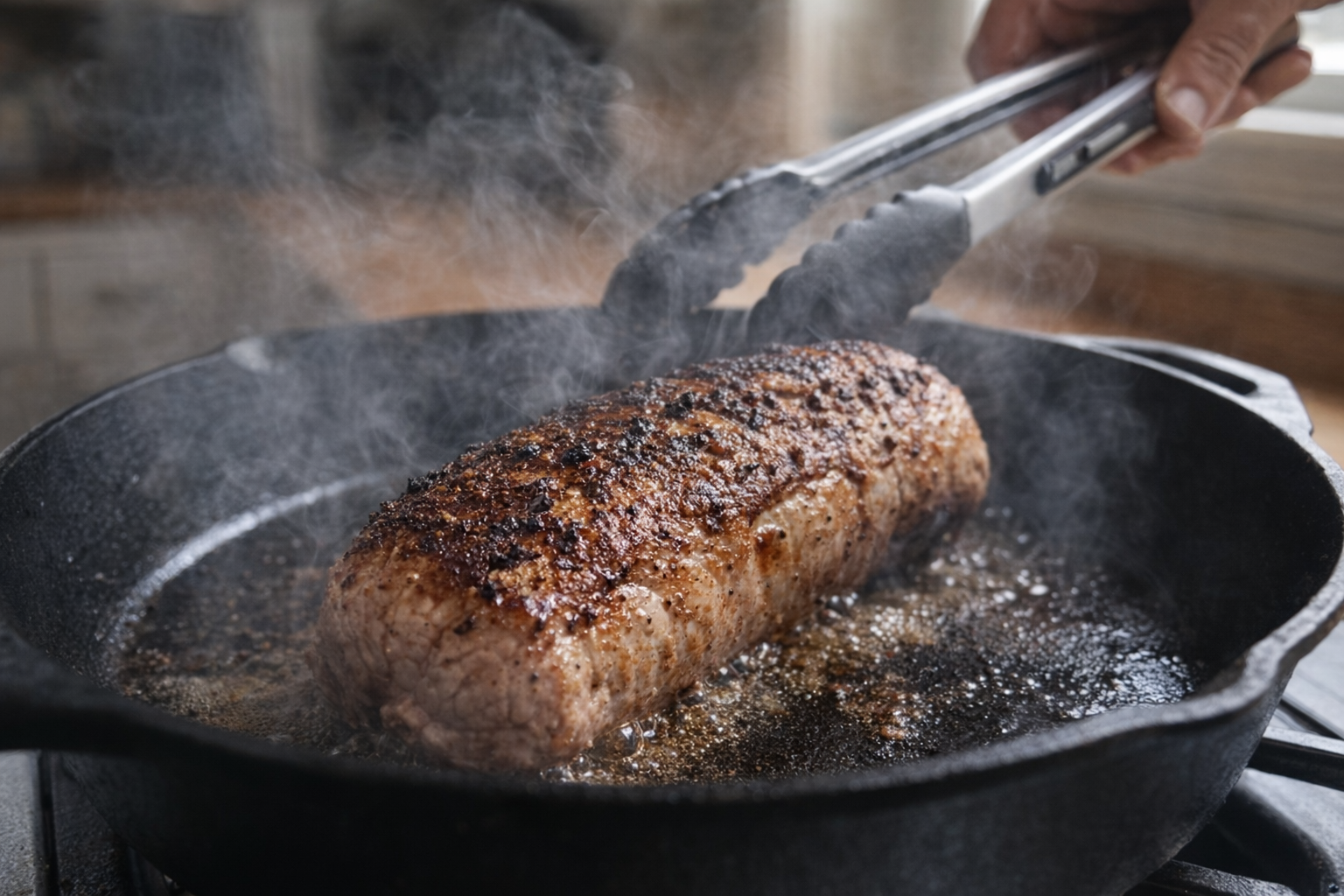 A close-up shot of a pork tenderloin being seared in a hot skillet, the exterior browned and crusty, steam rising, kitchen background